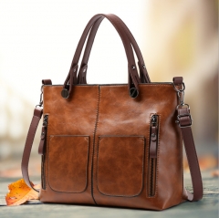 2020 Europe and the United States autumn and winter new big bag simple fashion ladies handbag oil leather retro shoulder messenger