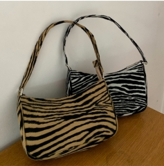 2020 Retro Women Shoulder Bag Velvet Zebra Print Female Messenger Bag Ladies Casual Zipper Shoulder Bag Sac Main Femme